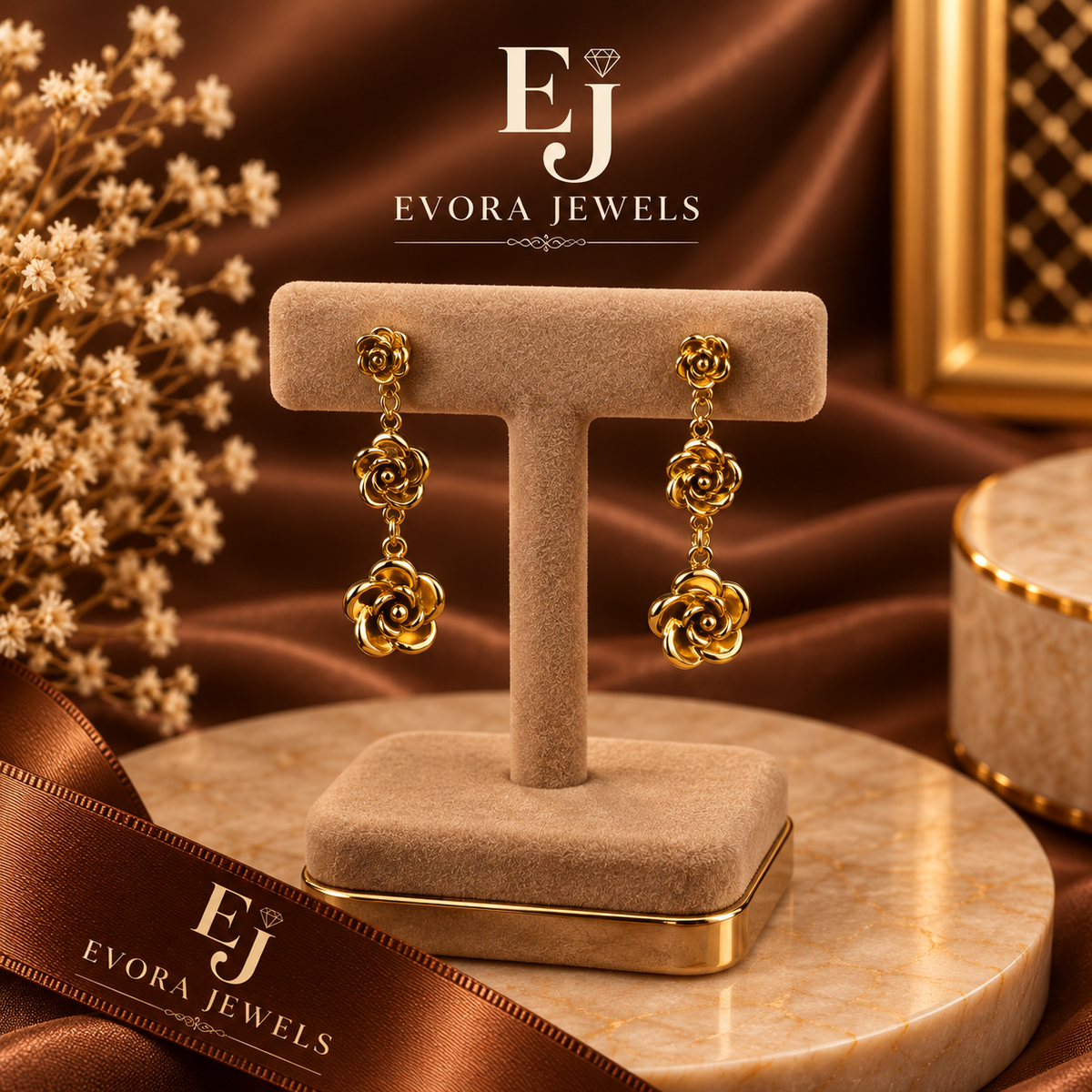 Luxury Golden Triple Rose Drop Earrings