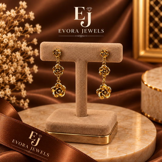 Luxury Golden Triple Rose Drop Earrings