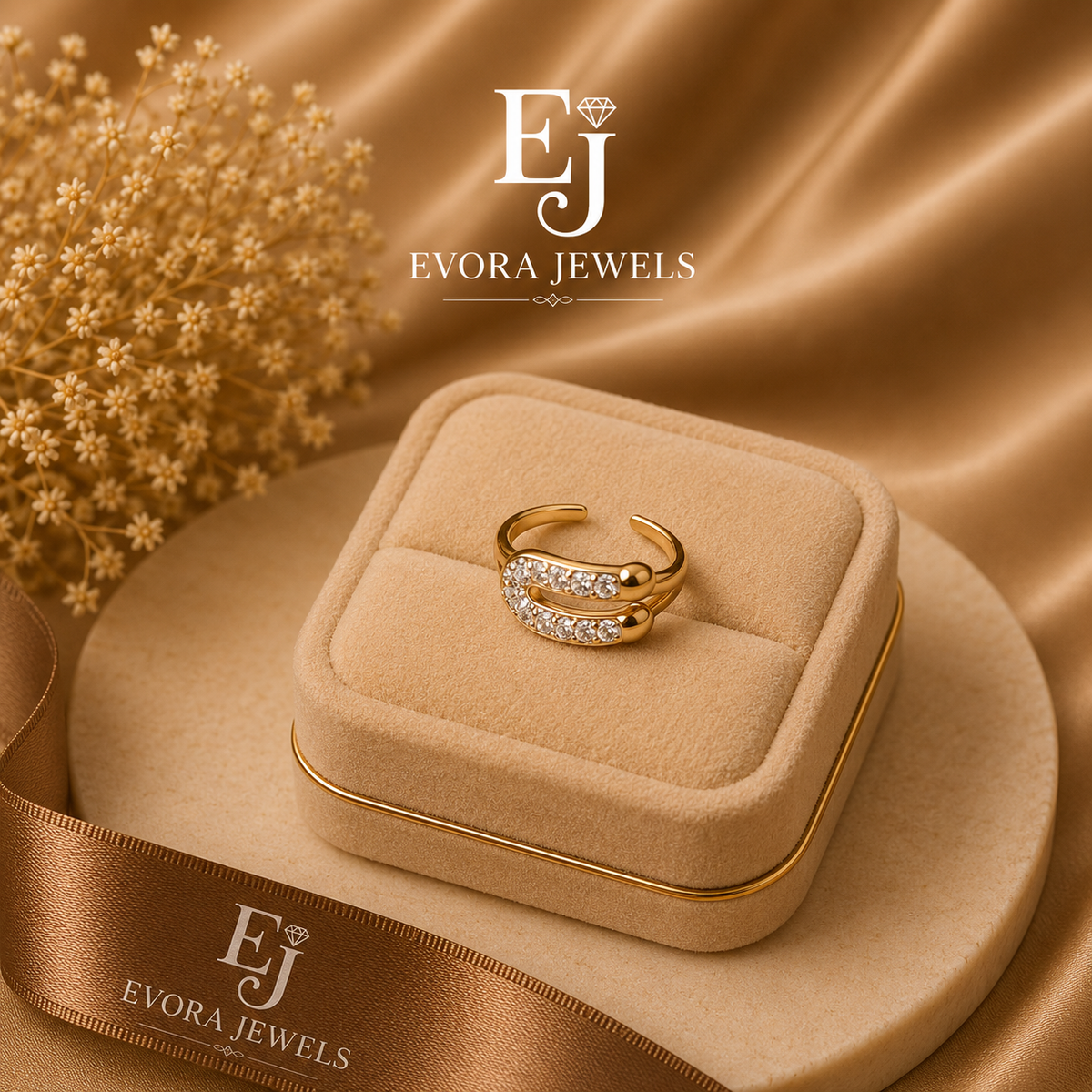 Luxury Double Curve Crystal Open Gold Ring