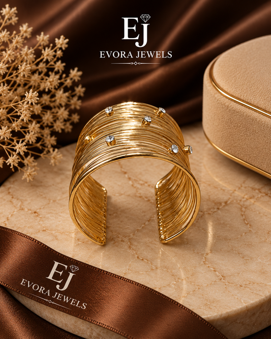 Luxury Multi-Row Crystal Cuff Bracelet – Golden & Silver