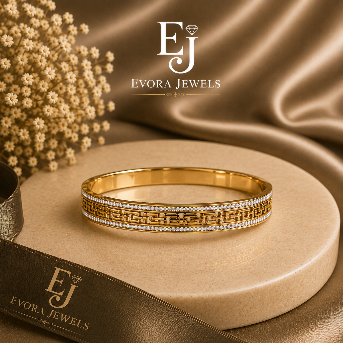 Luxury Greek Key Crystal Gold Bangle